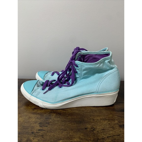 CONVERSE All Star Women Sz 10 Turquoise/Purple Laces Hidden Heel Wedge Sneakers - Picture 3 of 7